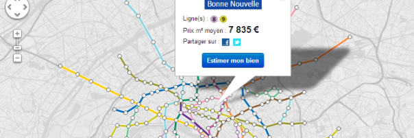 Carte des prix du m² par station de métro (détail).